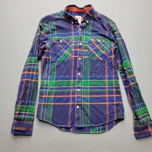 Lacoste L!VE Mens Plaid Flannel Button Down Shirt Small Blue Green Orange